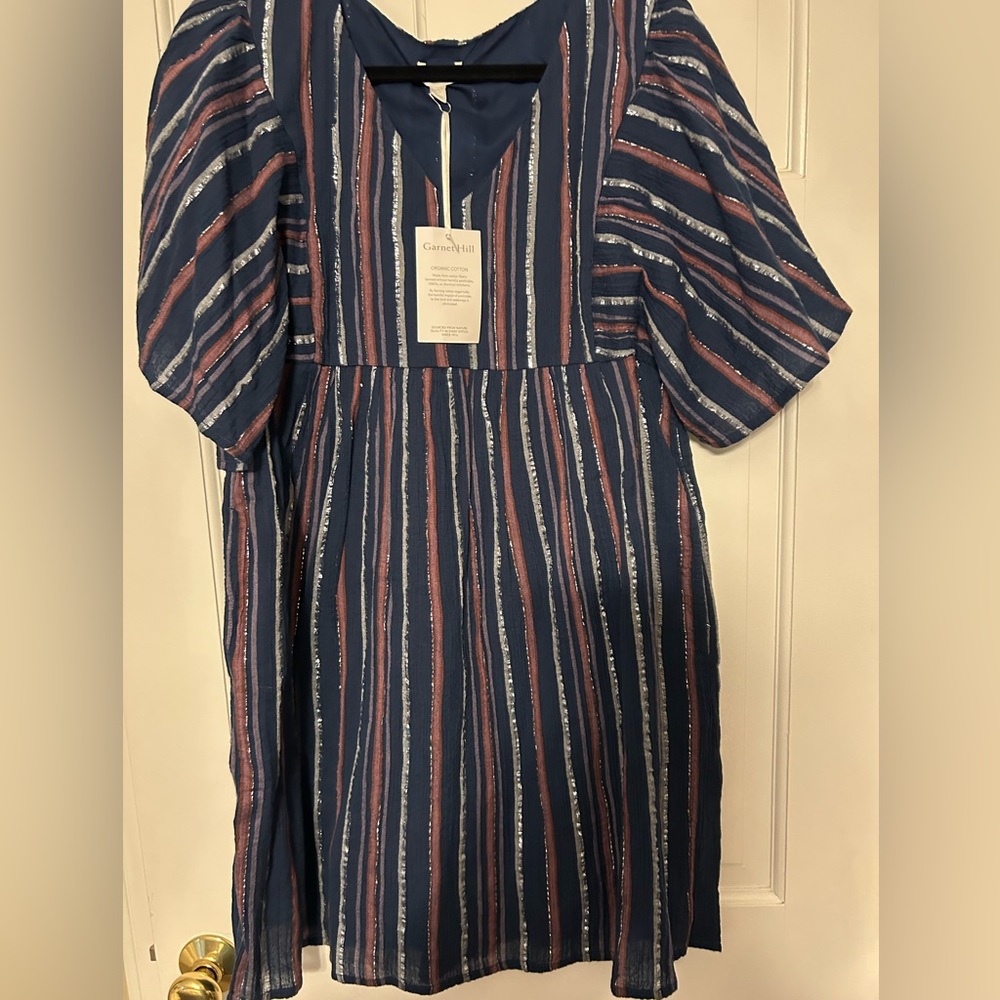 Garnet Hill Navy Dress with Pink and White Stripes Organic cotton